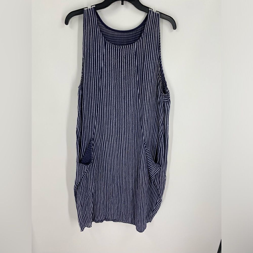 Women’s Linen Blend Blue Striped Sleeveless Mini Round Neck Dress size M